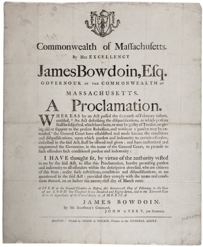 Una proclamazione: offerta di amnistia ai ribelli di Shays, 17 febbraio 1787 da American School
